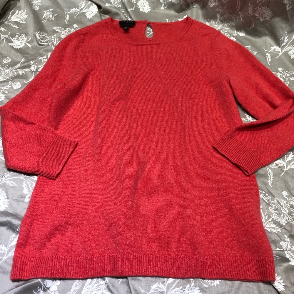 Talbots crewneck cashmere sweater coral pink orange medium petite 3/4 sleeve